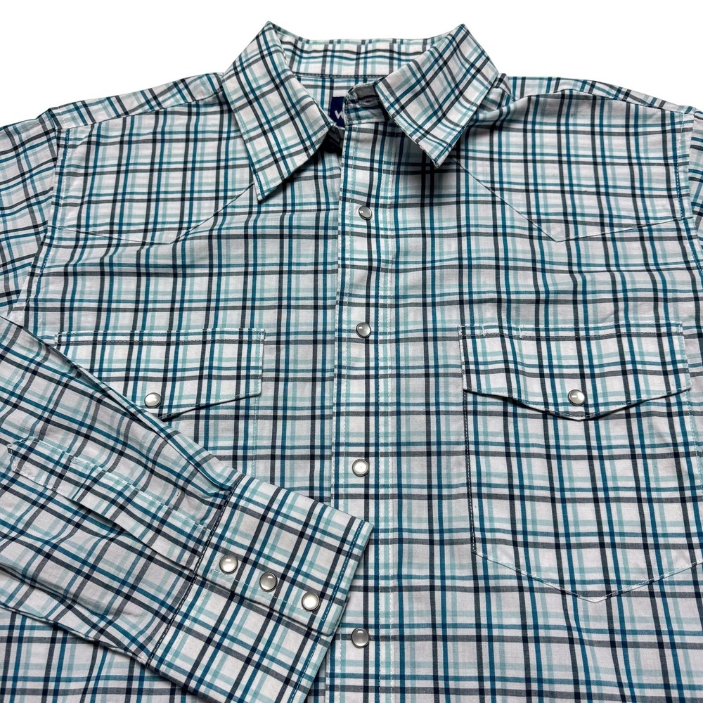 Wrangler Shirt Mens Large Blue Plaid Western Pearl Snap Long Sleeve Rodeo Cowboy